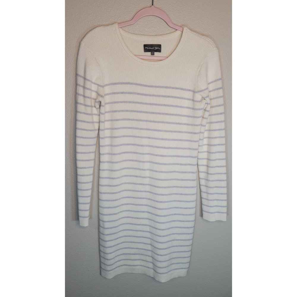 Michael Stars Cotton Cashmere Striped Sweater Dress M Cream‎ Blue